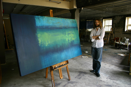 untitled (yellow/blue) (2008), oil on canvas, 10' x 3'