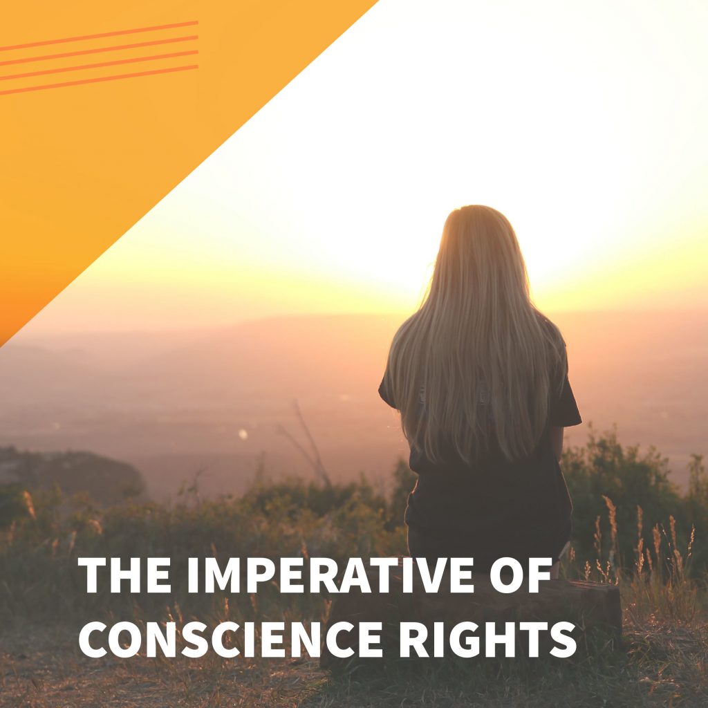 Woman sitting, text The Imperative of Conscience Rights