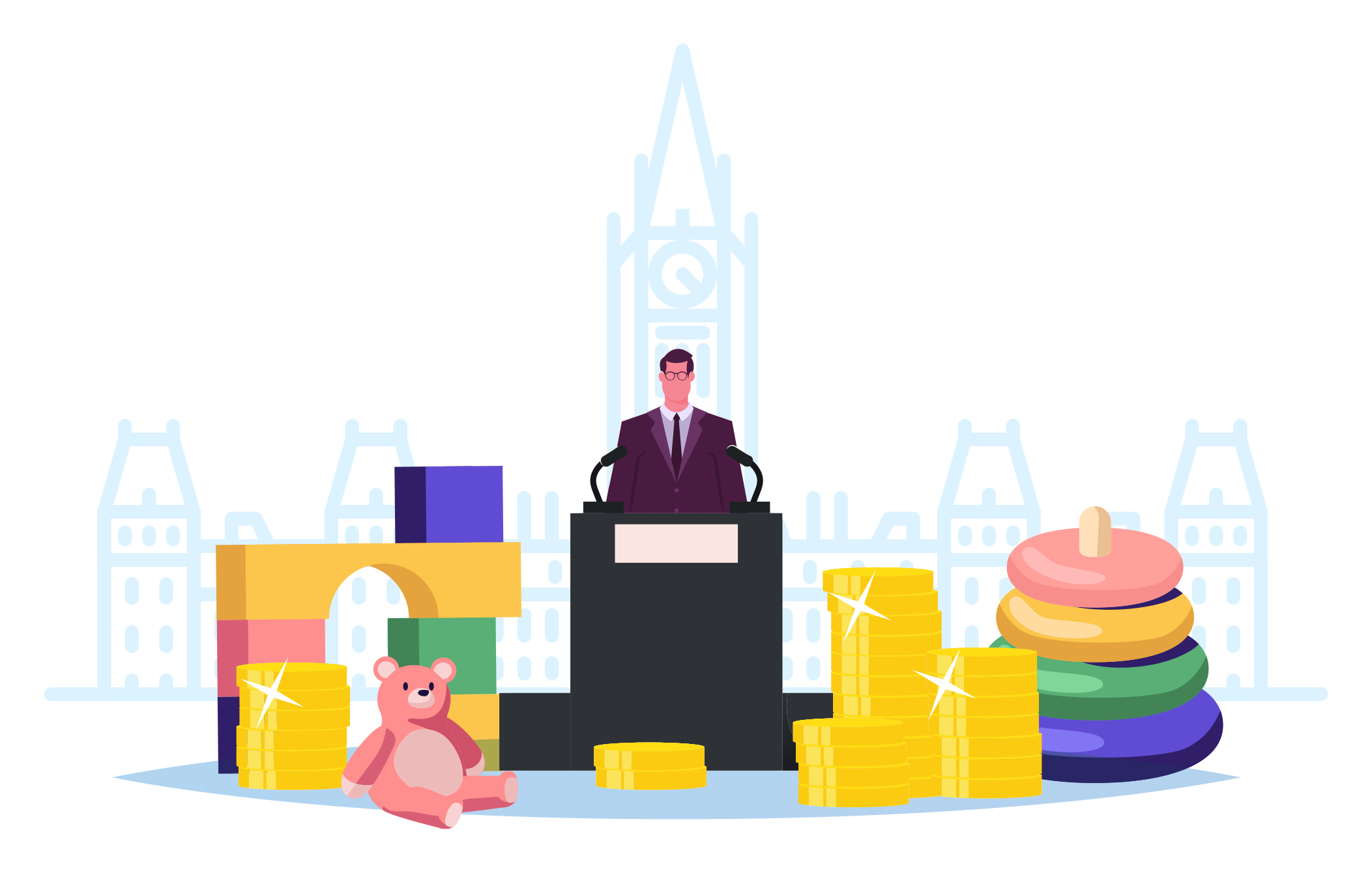 Illustrated - Politician speaking at podium amongst toys and money