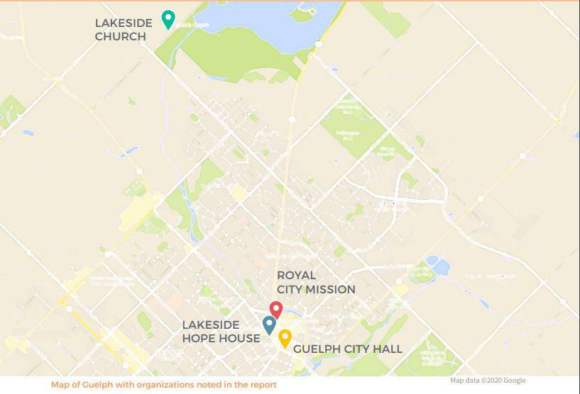 Map of Guelph with organization noted in the report