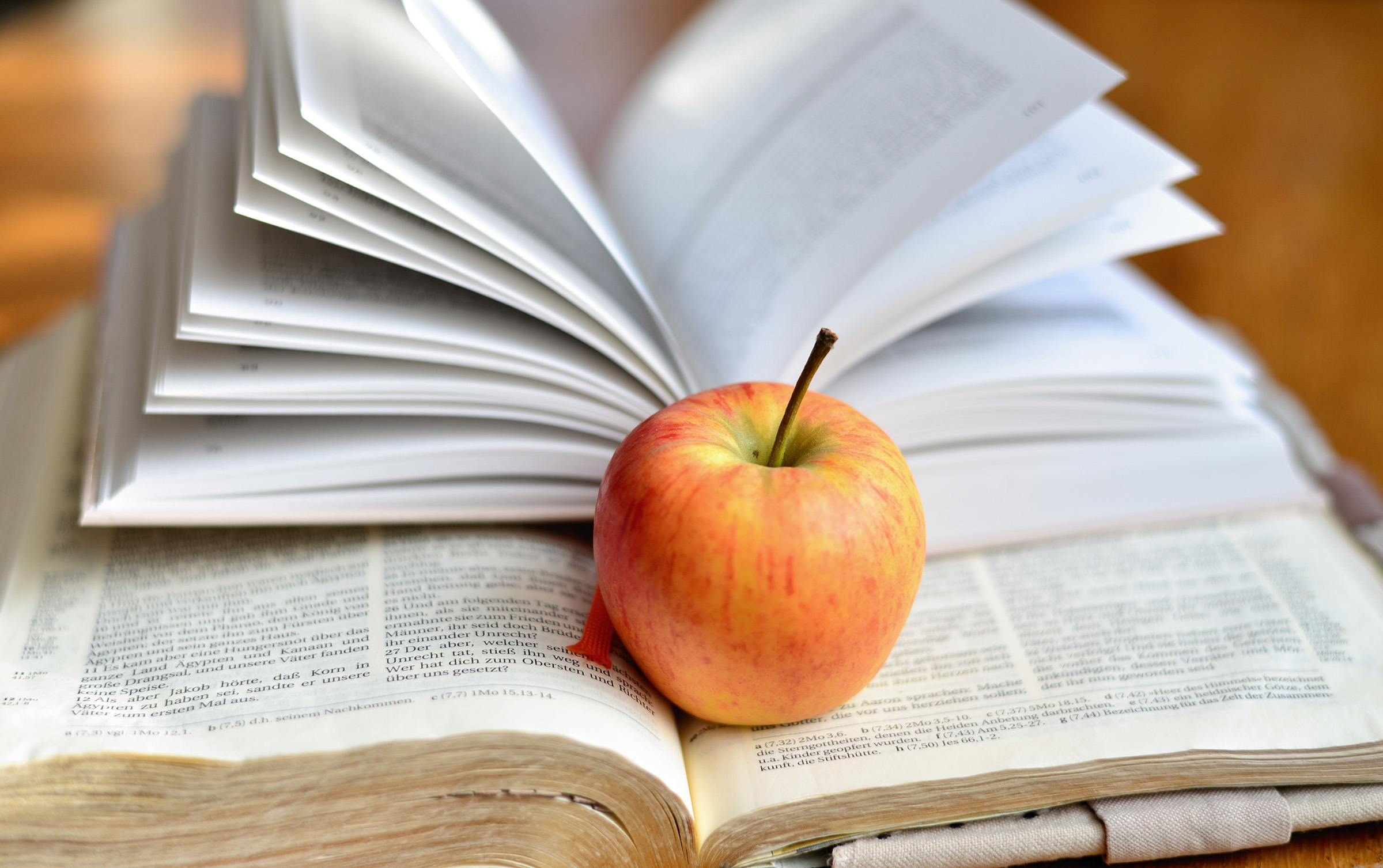 An apple and a fanned-out book lie on top of an open bible.