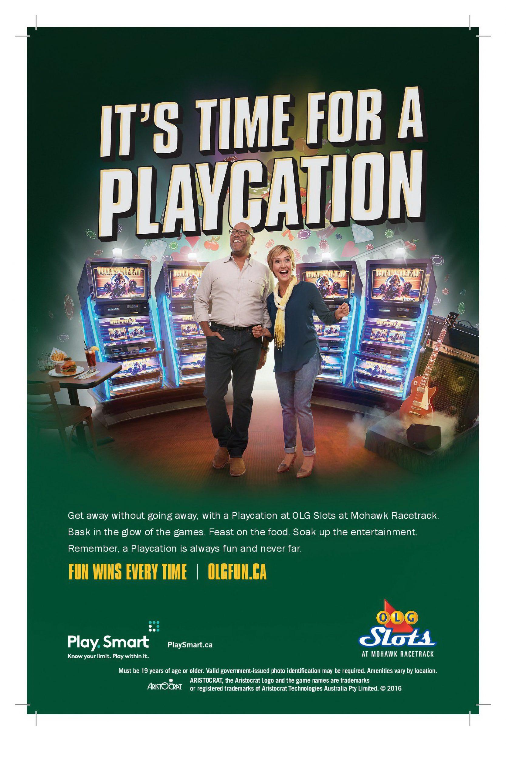 OLG Slot Ad - Man and woman excited amongst several slot machines and entertainment.