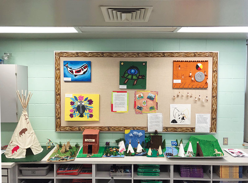Classroom art projects of indigenous style dioramas and drawings