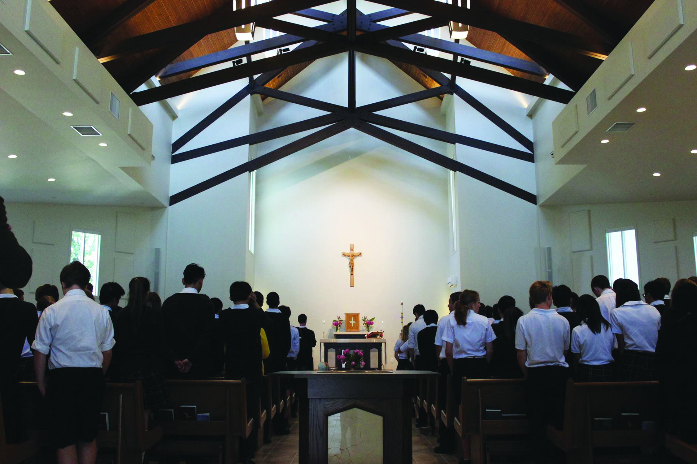 Students gather for worship in the chapel.