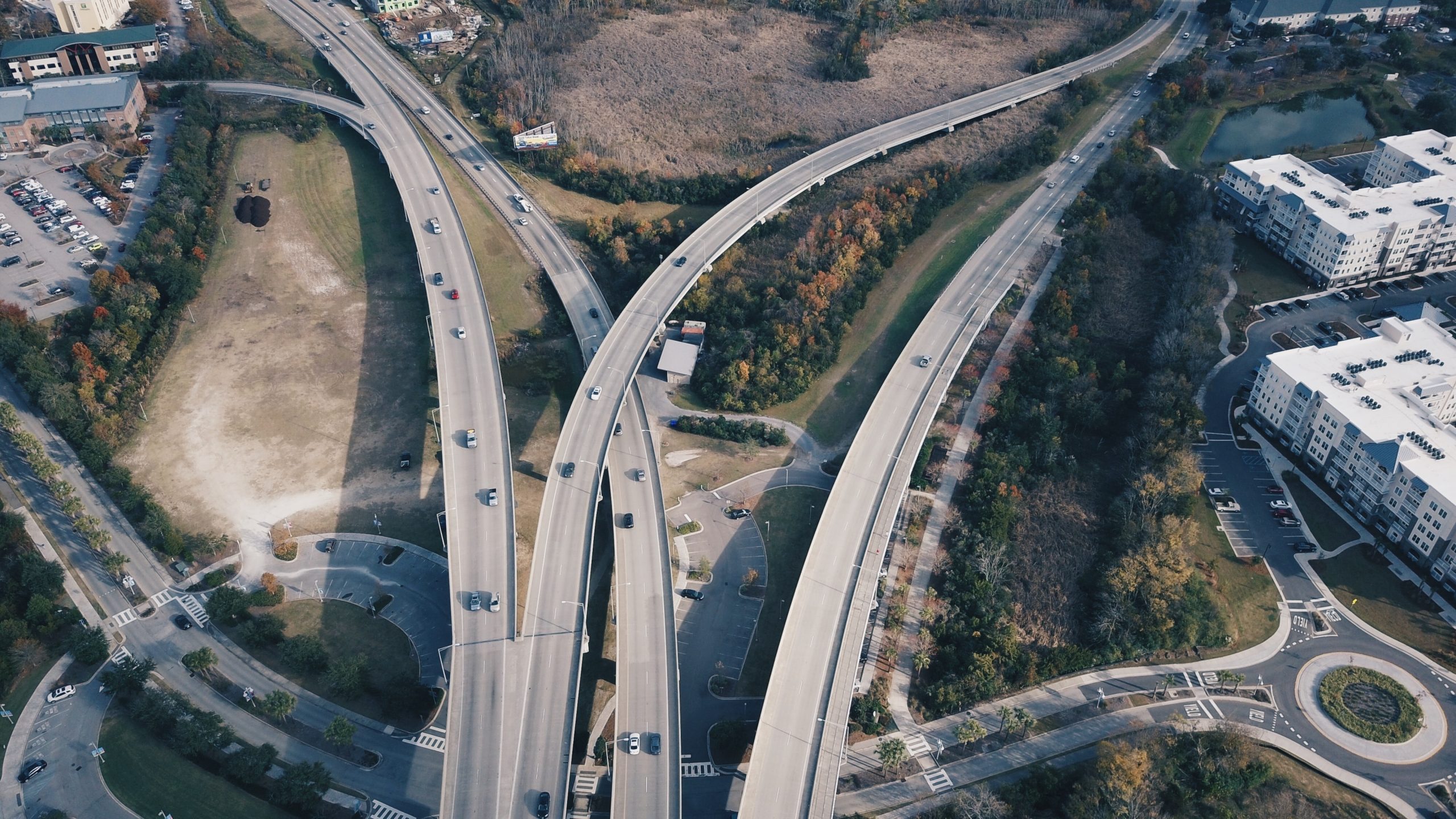 Bird's eye view of a highway overpass.