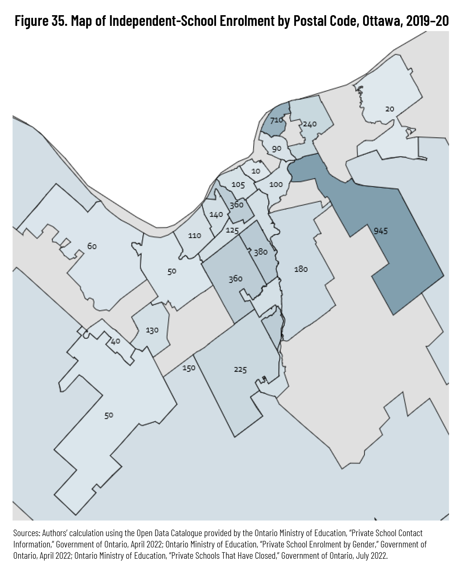Figure 35. Map of Independent-School Enrolment by Postal Code, Ottawa, 2019–20