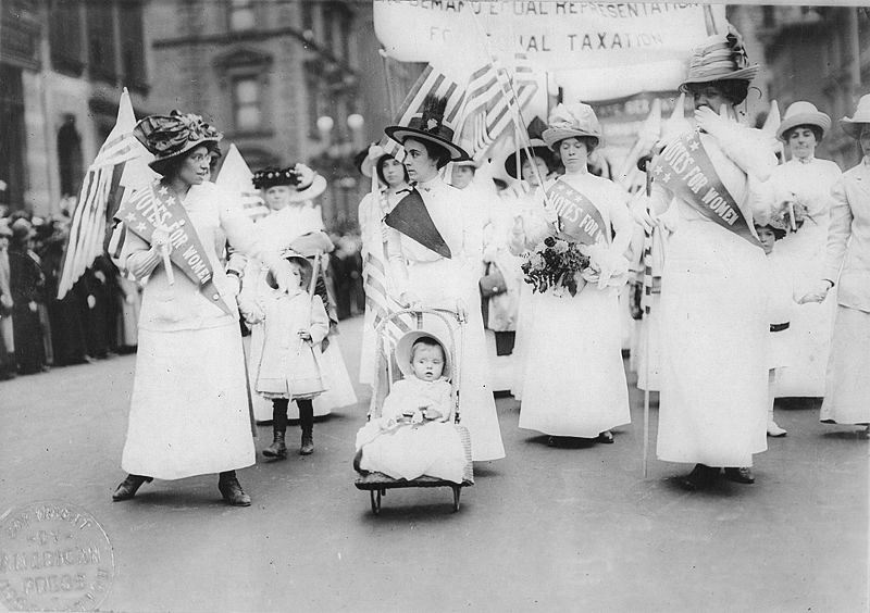 black and white image of a New York women's suffragette march in 1912.
