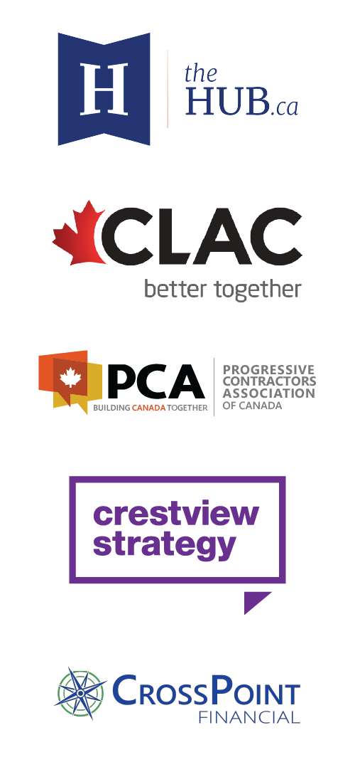 Event sponsor logos for The Hub, Christian Labour Association of Canada, Progressive Contractors Association of Canada, Crestview Strategy, and Crosspoint Financial